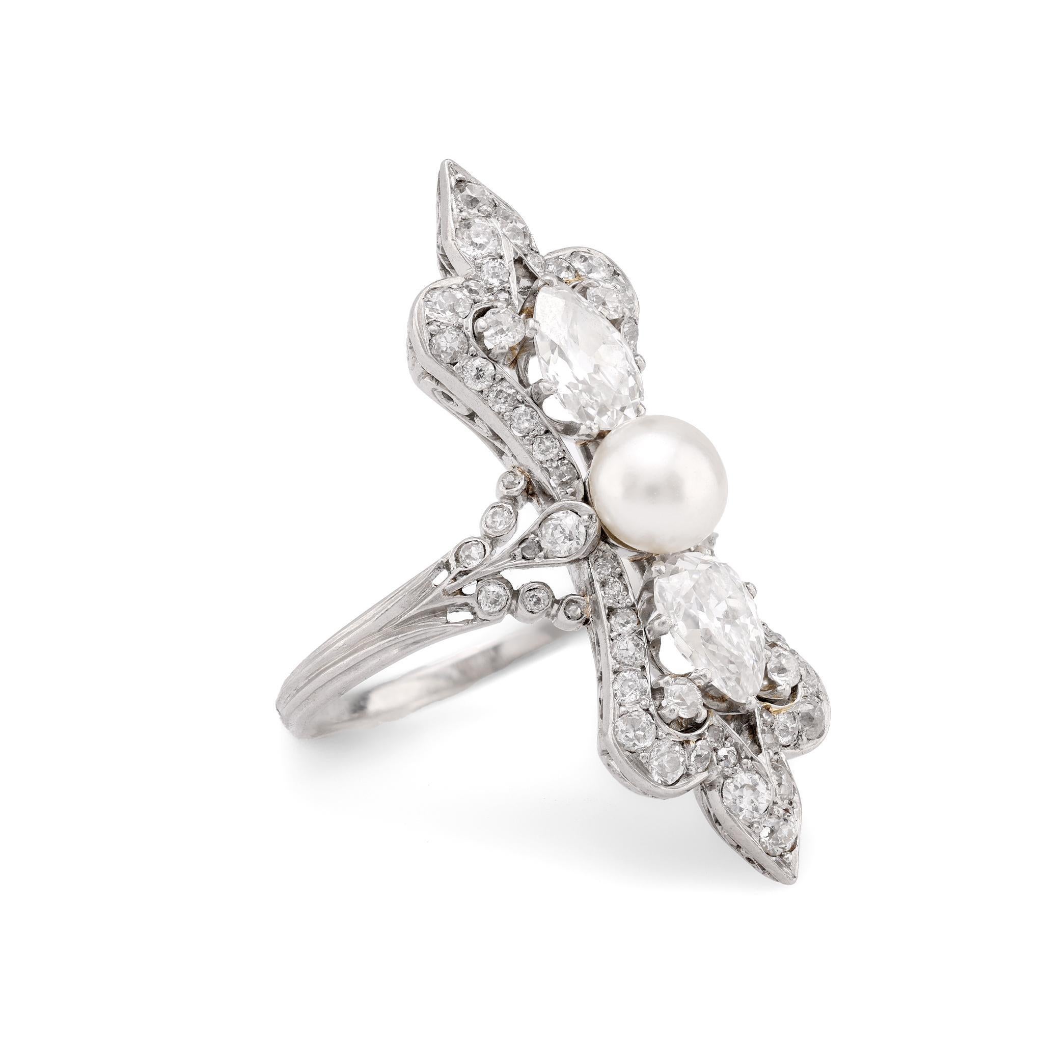 Pear Cut Art Deco natural pearl diamond platinum cocktail ring For Sale
