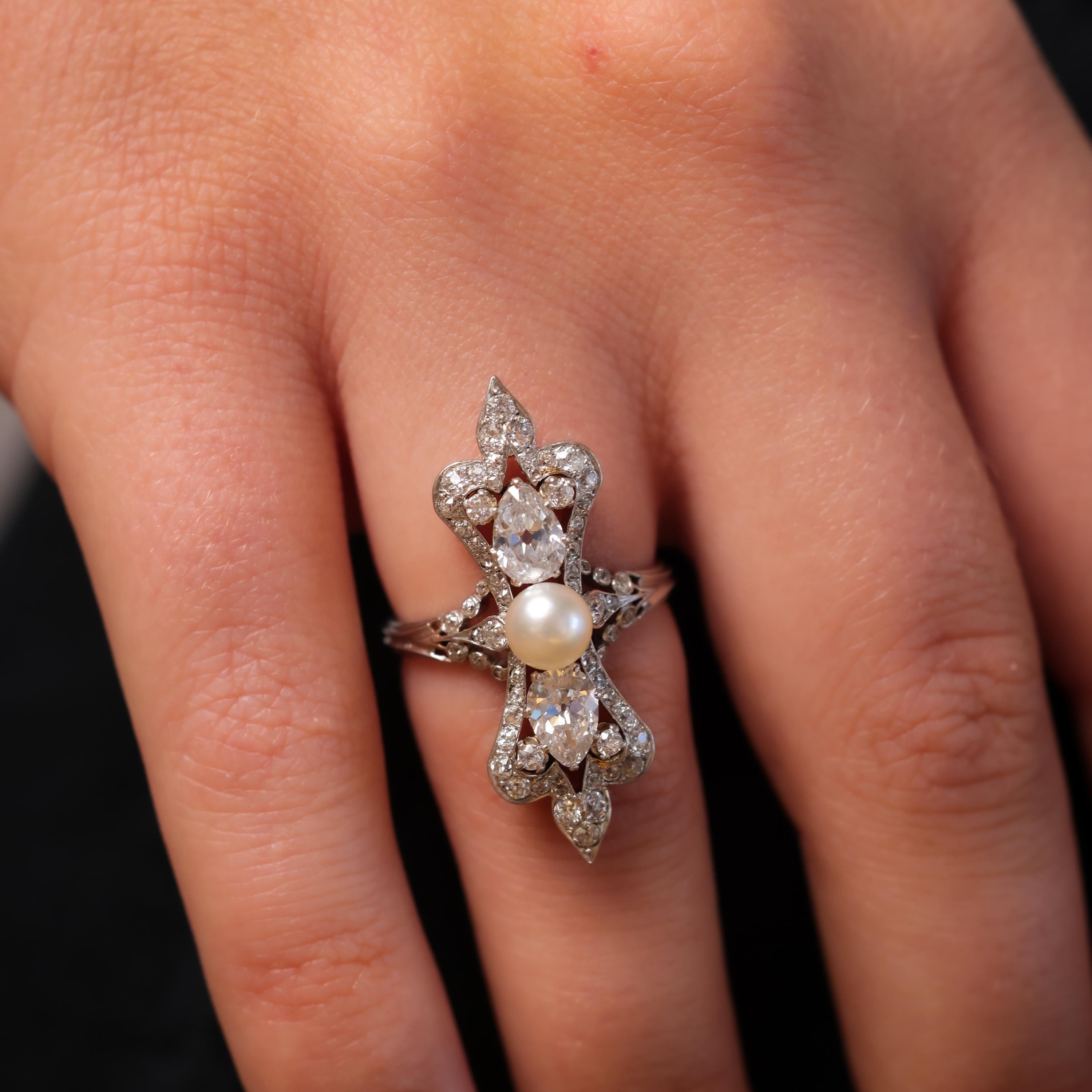 Art Deco natural pearl diamond platinum cocktail ring In Excellent Condition For Sale In Beverly Hills, CA