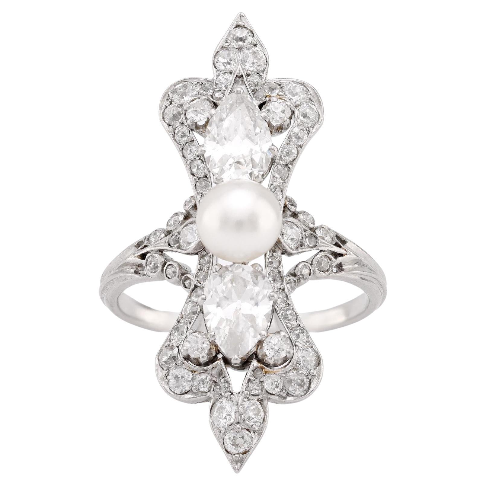Platin-Cocktailring mit natürlicher Perle und Diamant im Art déco-Stil