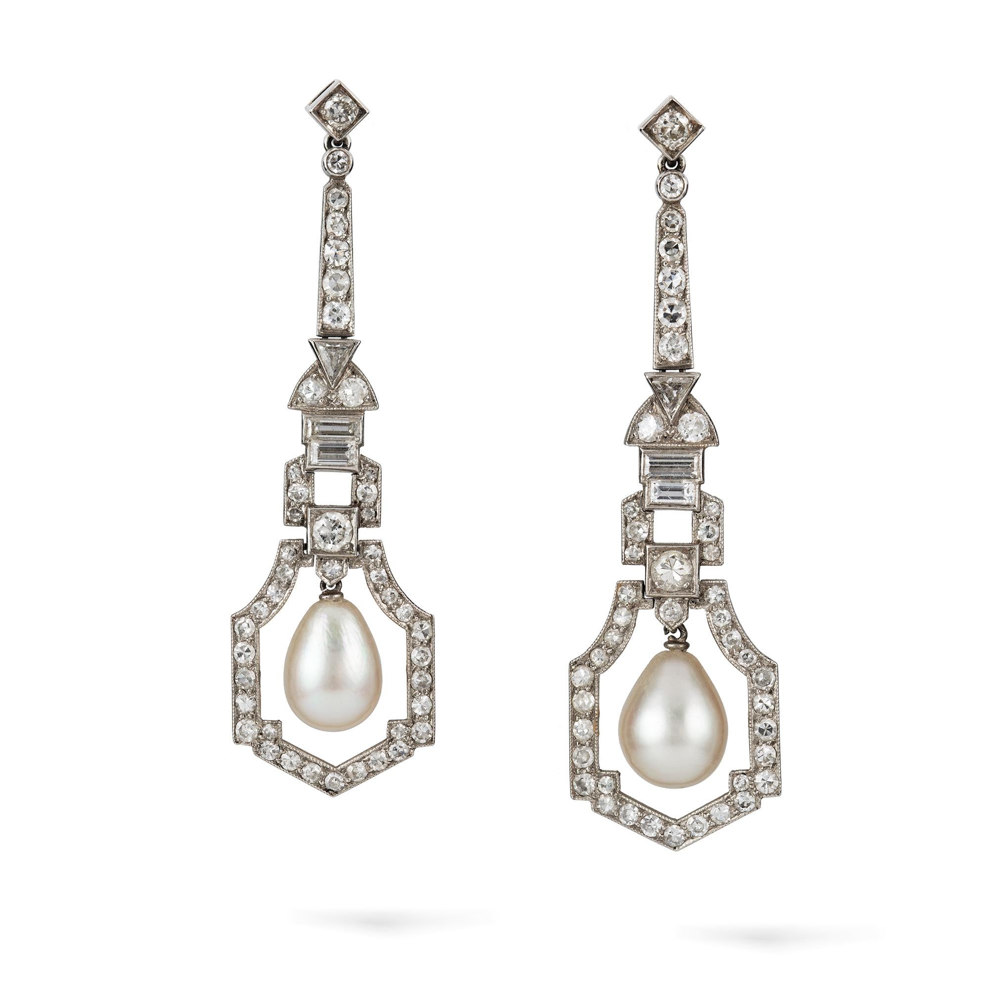 A pair of Art Deco natural pearl and diamond drop earrings, each earring comprising a pear-shaped natural pearl drop, Precious Stone Laboratory certificate, to the centre of a geometric openwork diamond-set cluster surround, from a run of