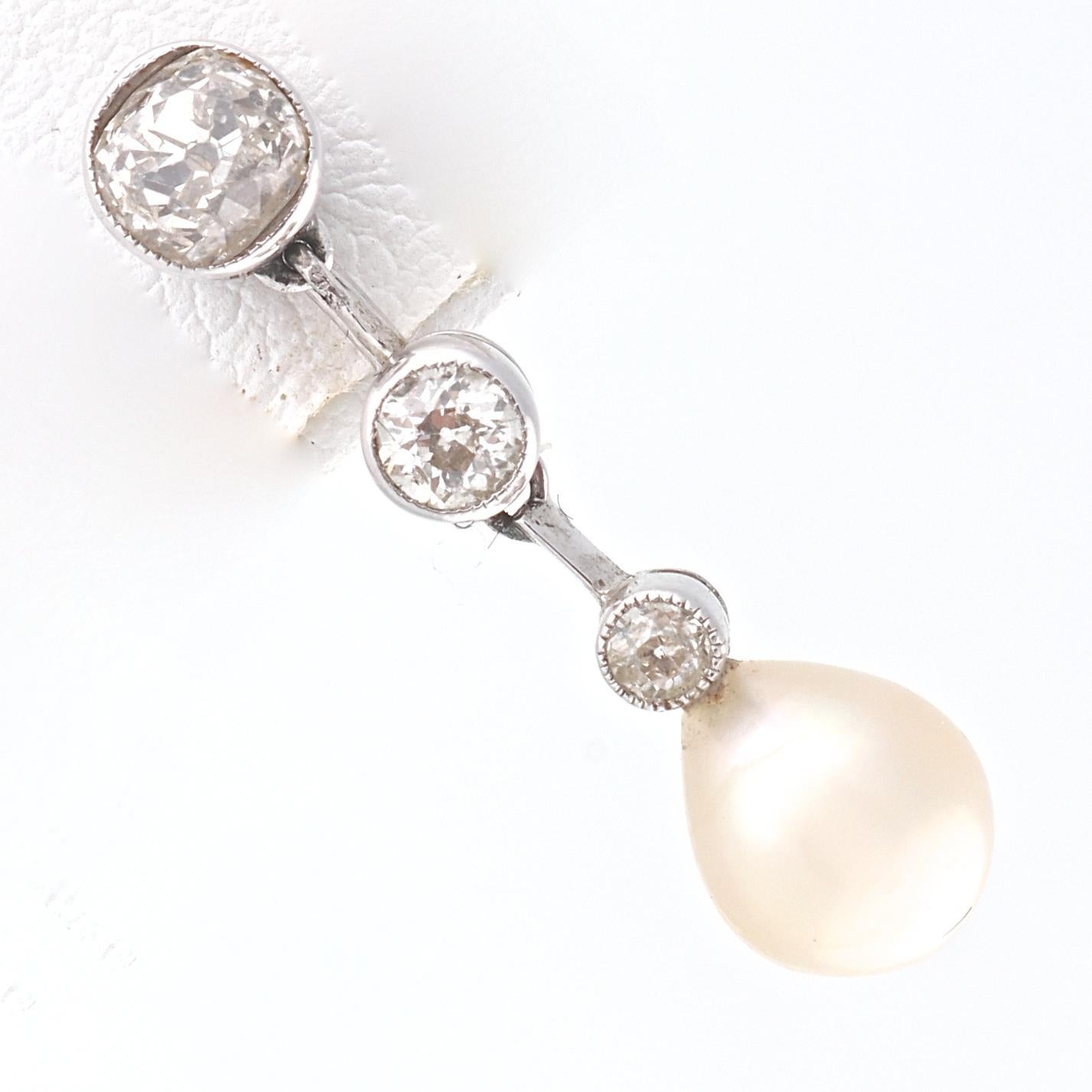 Round Cut Art Deco Natural Pearl Diamond Platinum Drop Earrings