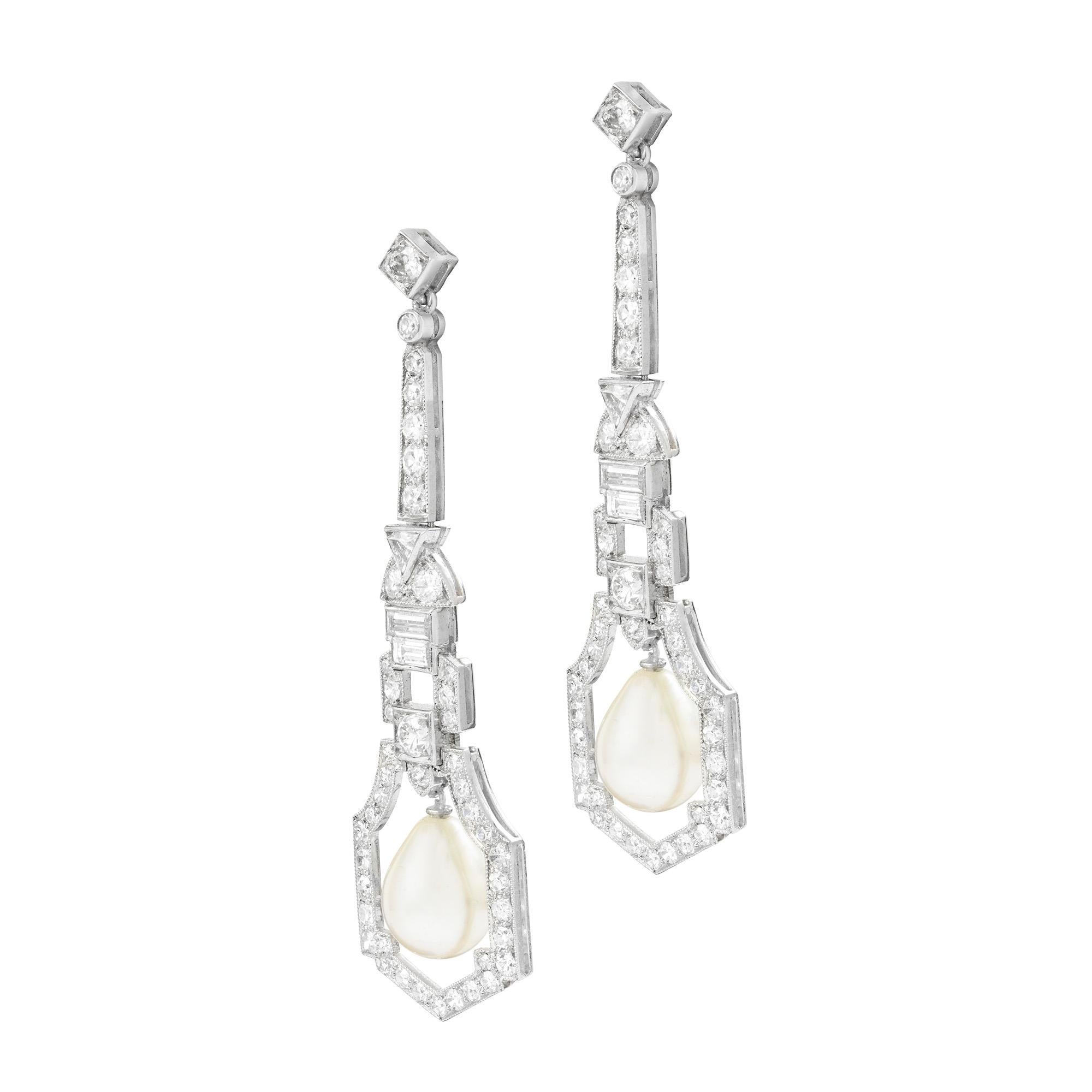 Brilliant Cut A Pair Of Art Deco Natural Pearl And Diamond Drop Earrings For Sale