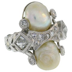 Art Deco Natural Pearl Diamond Platinum Ring French Belle Epoque Edwardian
