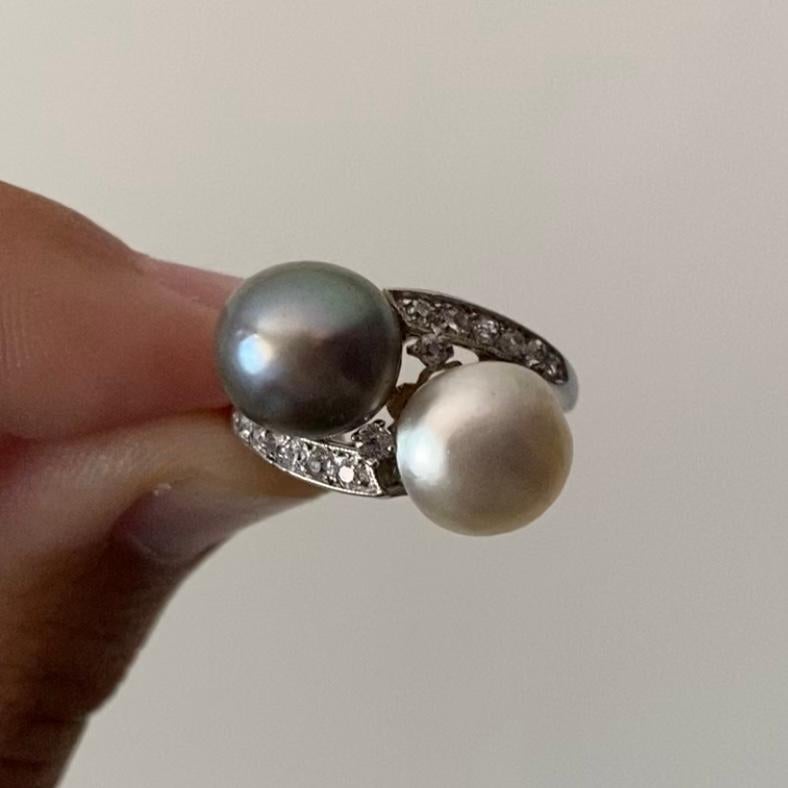 Single Cut Art Deco GIA Certified Natural Pearl Diamond Toi-et-Moi Engagement Ring French