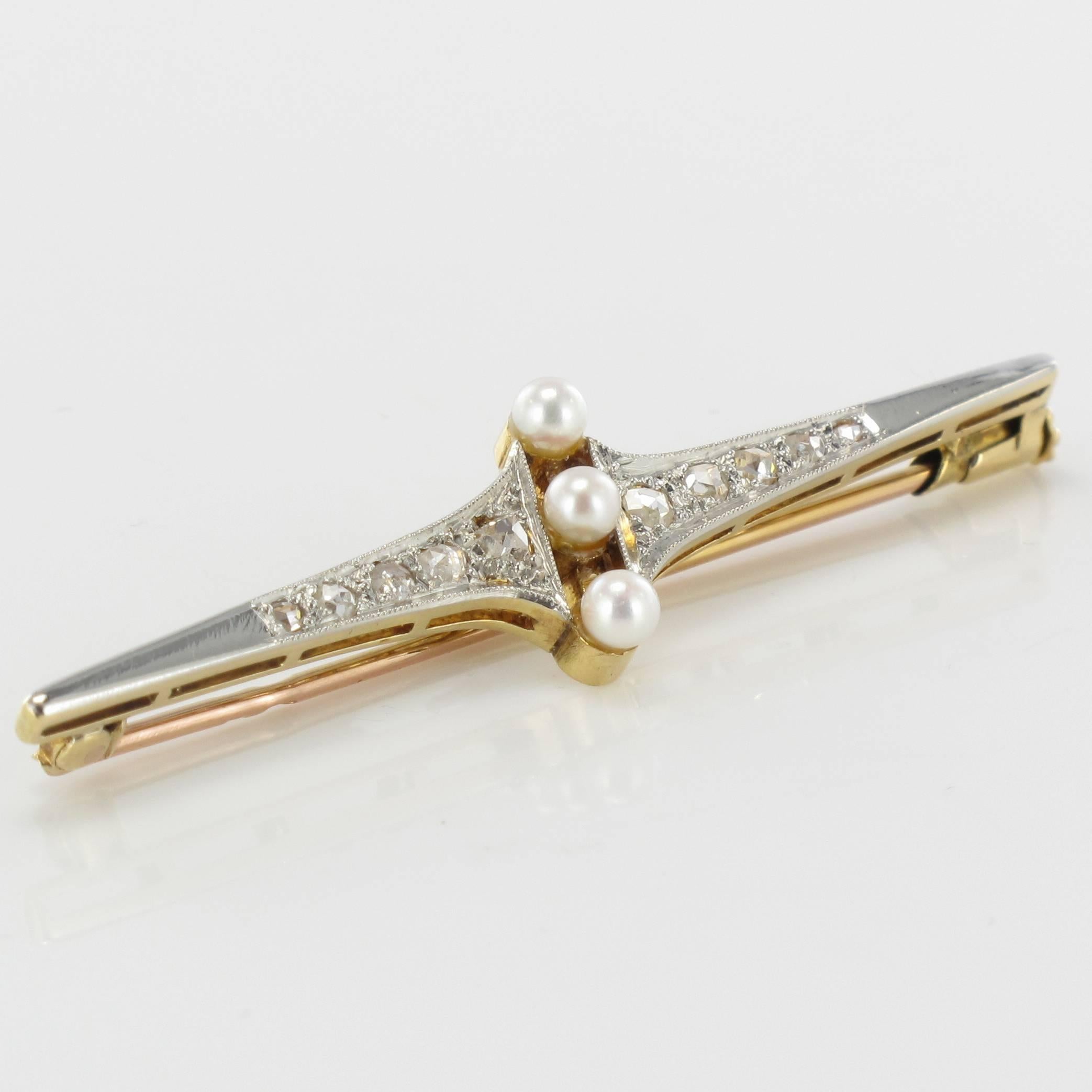 Rose Cut Art Deco Natural Pearl Diamonds Gold Platinium Brooch