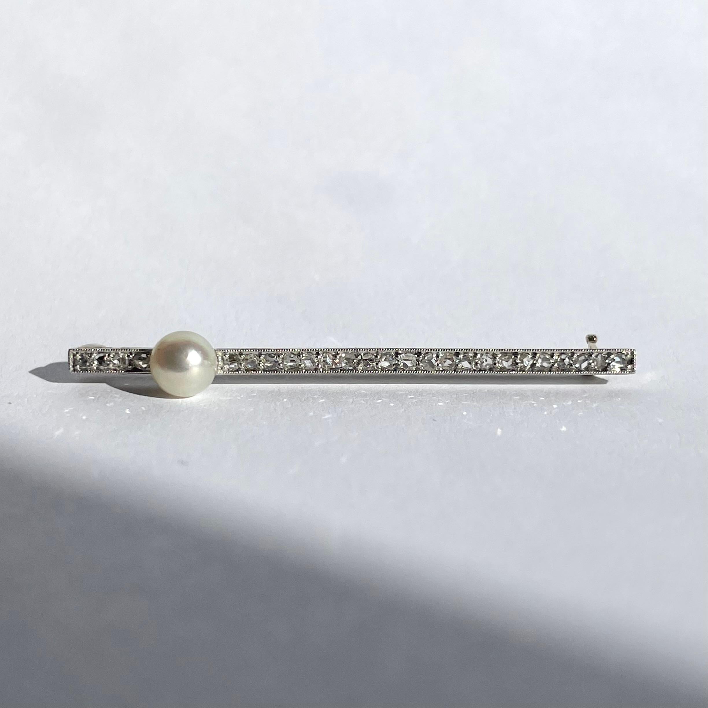 Art Deco Natural Pearl & Rose Cut Diamond Bar Brooch in Platinum In Good Condition For Sale In Boston, MA