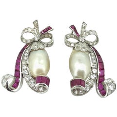 Art Deco Natural Pearl Ruby Diamond Earring Clips, circa 1920 Art Deco Natural Pearl Ruby Diamond Earring Clips, circa 1920