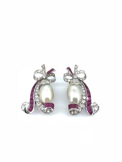Art Deco Natural Pearl Ruby Diamond Earring Clips, circa 1920