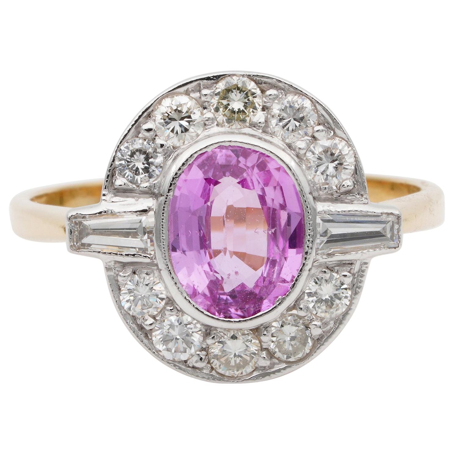 Art Deco Natural Pink Sapphire Ceylon Origin Diamond Ring