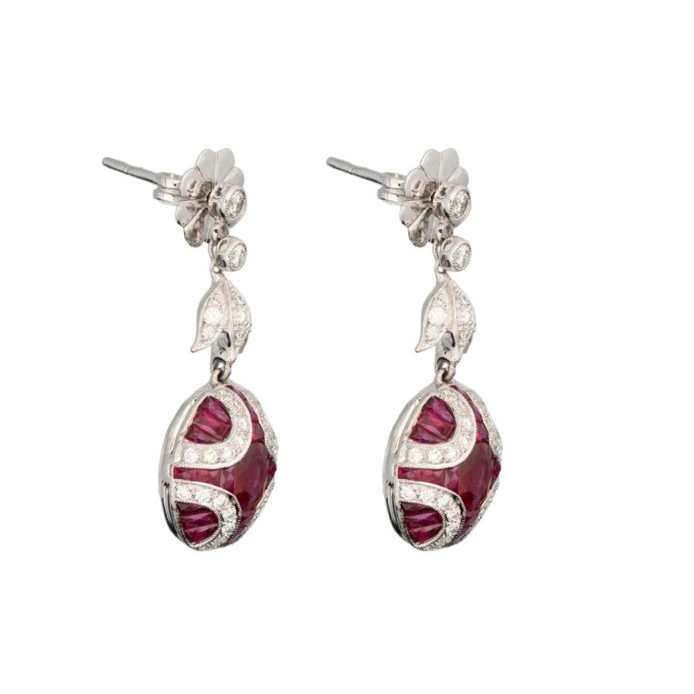 Round Cut Art Deco Natural Ruby and Diamond Drop 18K Gold Earrings For Sale