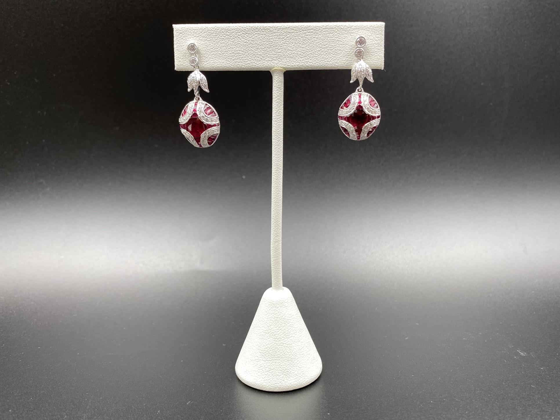 Women's Art Deco Natural Ruby and Diamond Drop 18K Gold Earrings For Sale