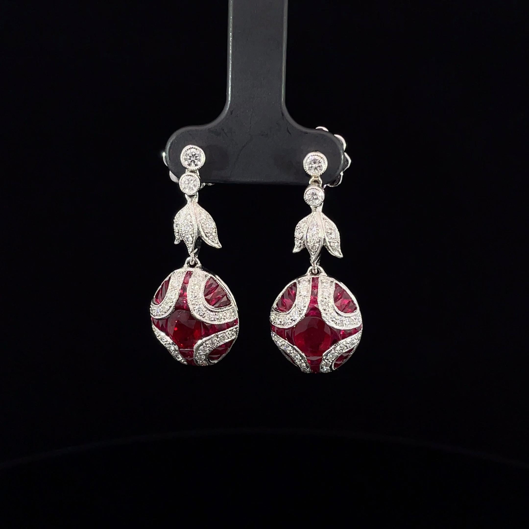 Art Deco Natural Ruby and Diamond Drop 18K Gold Earrings For Sale 1