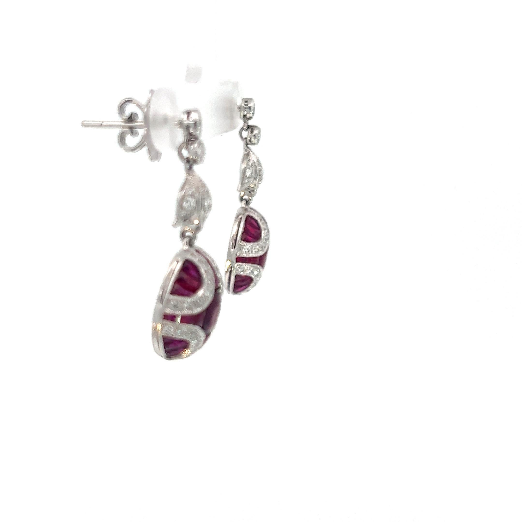 Art Deco Natural Ruby and Diamond Drop 18K Gold Earrings For Sale 2