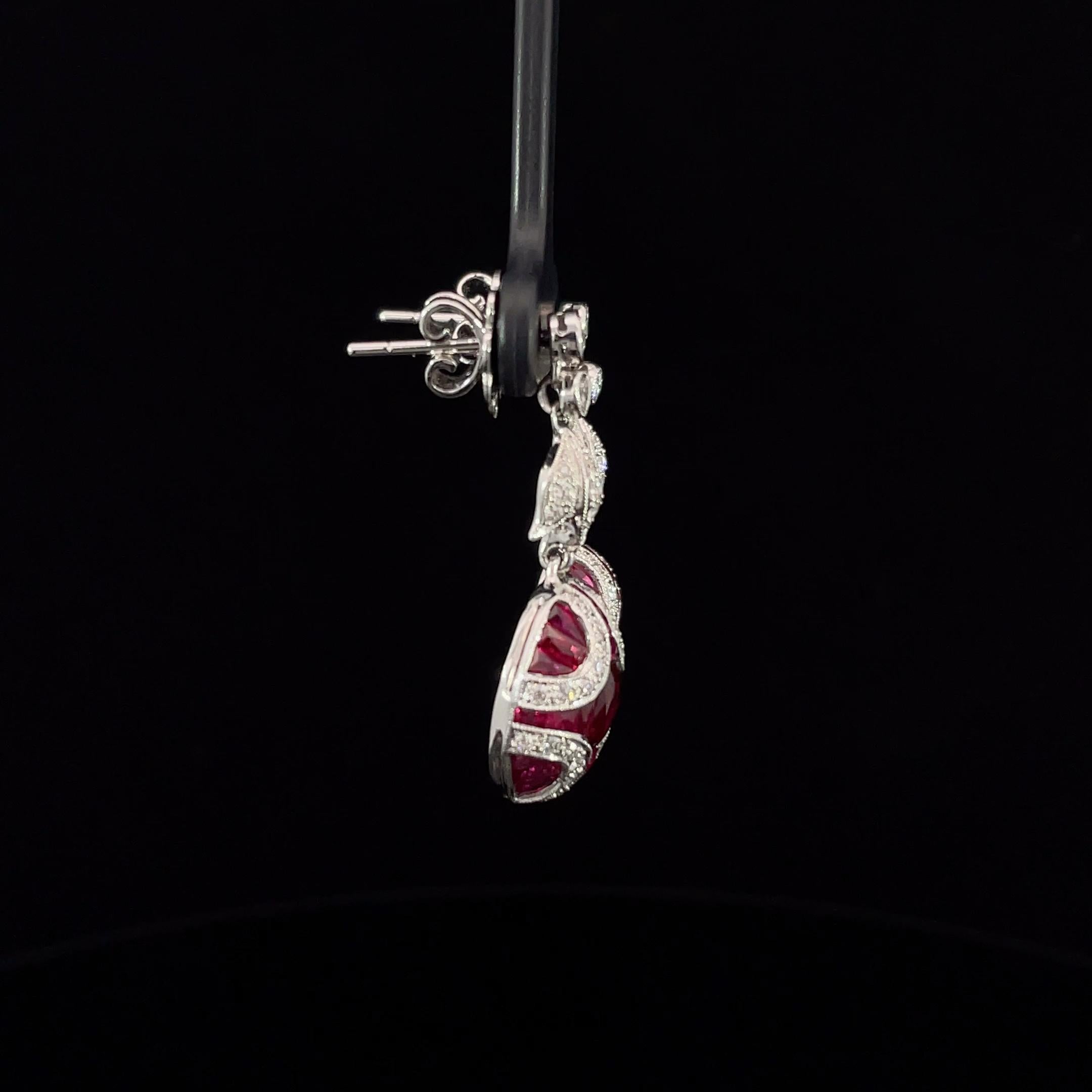 Art Deco Natural Ruby and Diamond Drop 18K Gold Earrings For Sale 3