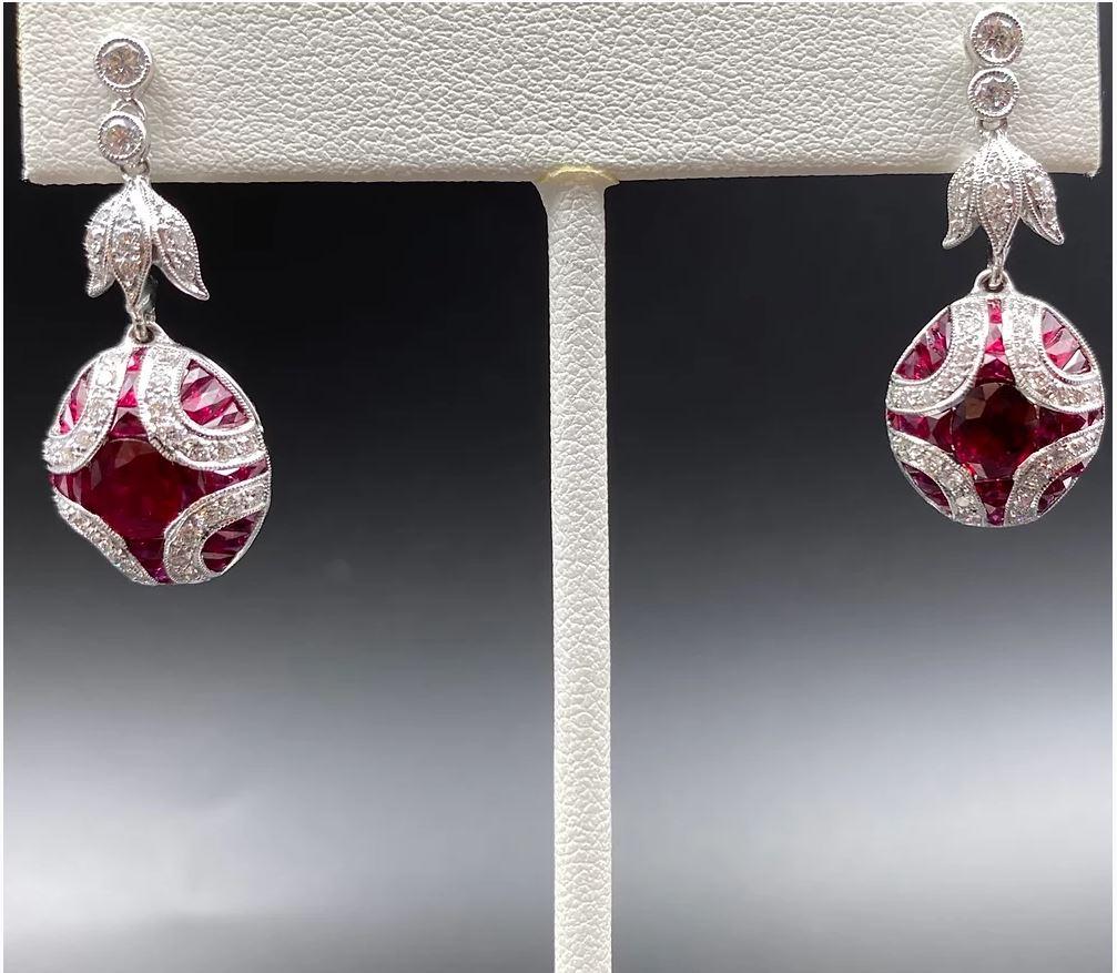 Art Deco Natural Ruby and Diamond Drop 18K Gold Earrings For Sale 4