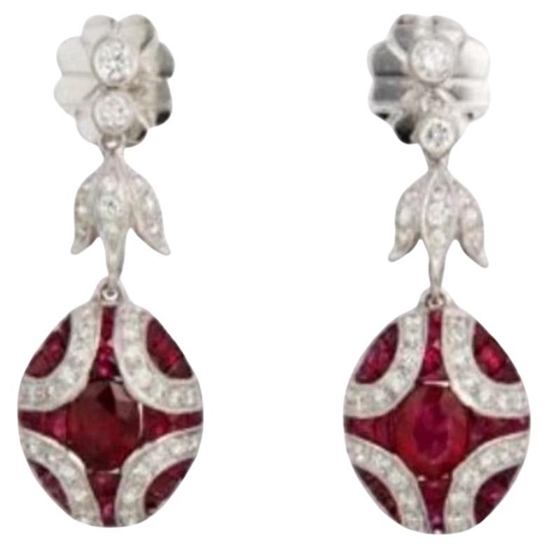 Art Deco Natural Ruby and Diamond Drop 18K Gold Earrings For Sale