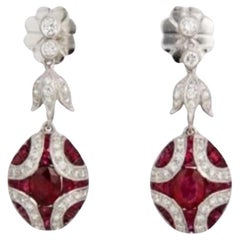 Art Deco Natural Ruby and Diamond Drop 18K Gold Earrings