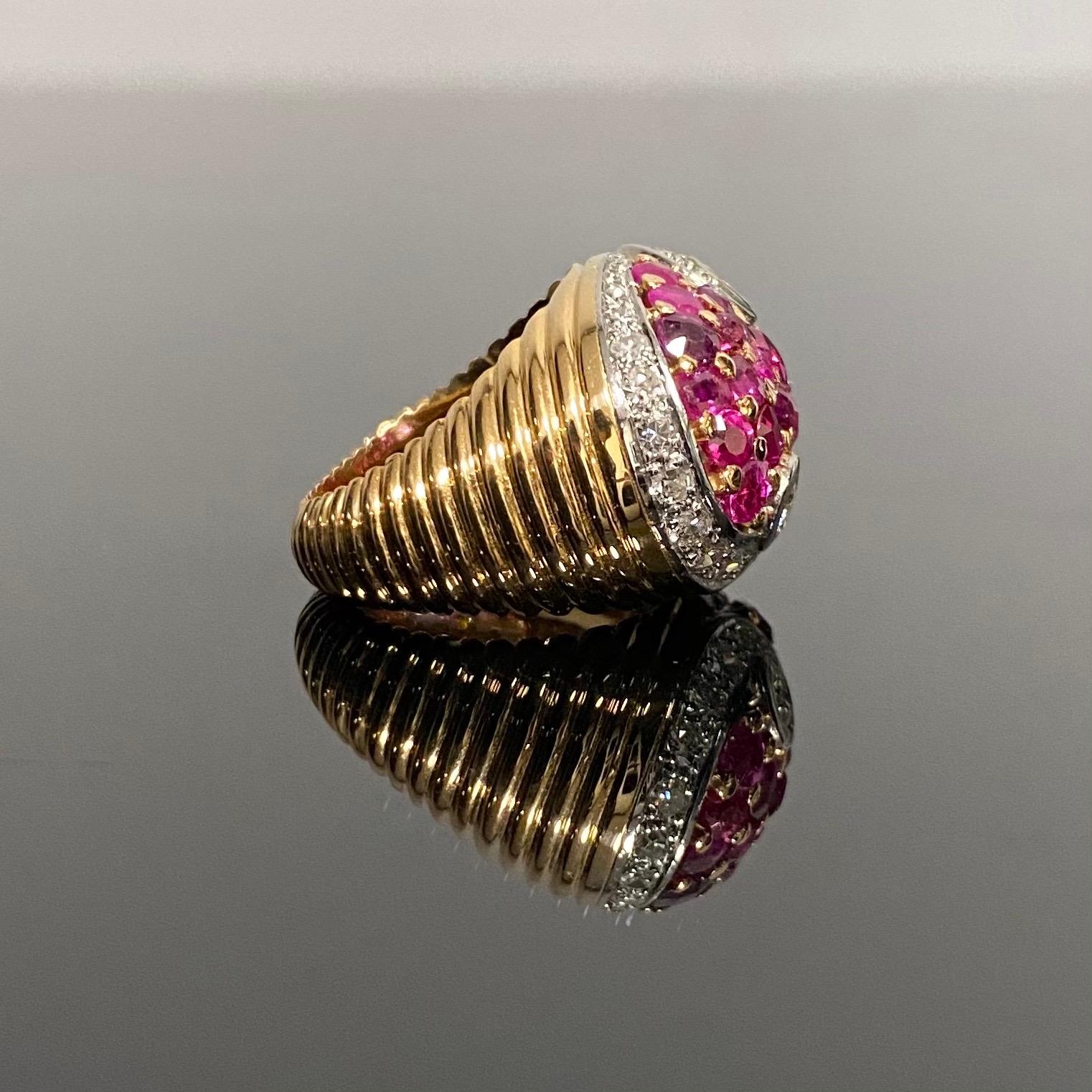 Art Deco Natural Ruby Diamond Bombe Cocktail Ring Rose Gold Platinum 1930s 1940s 9