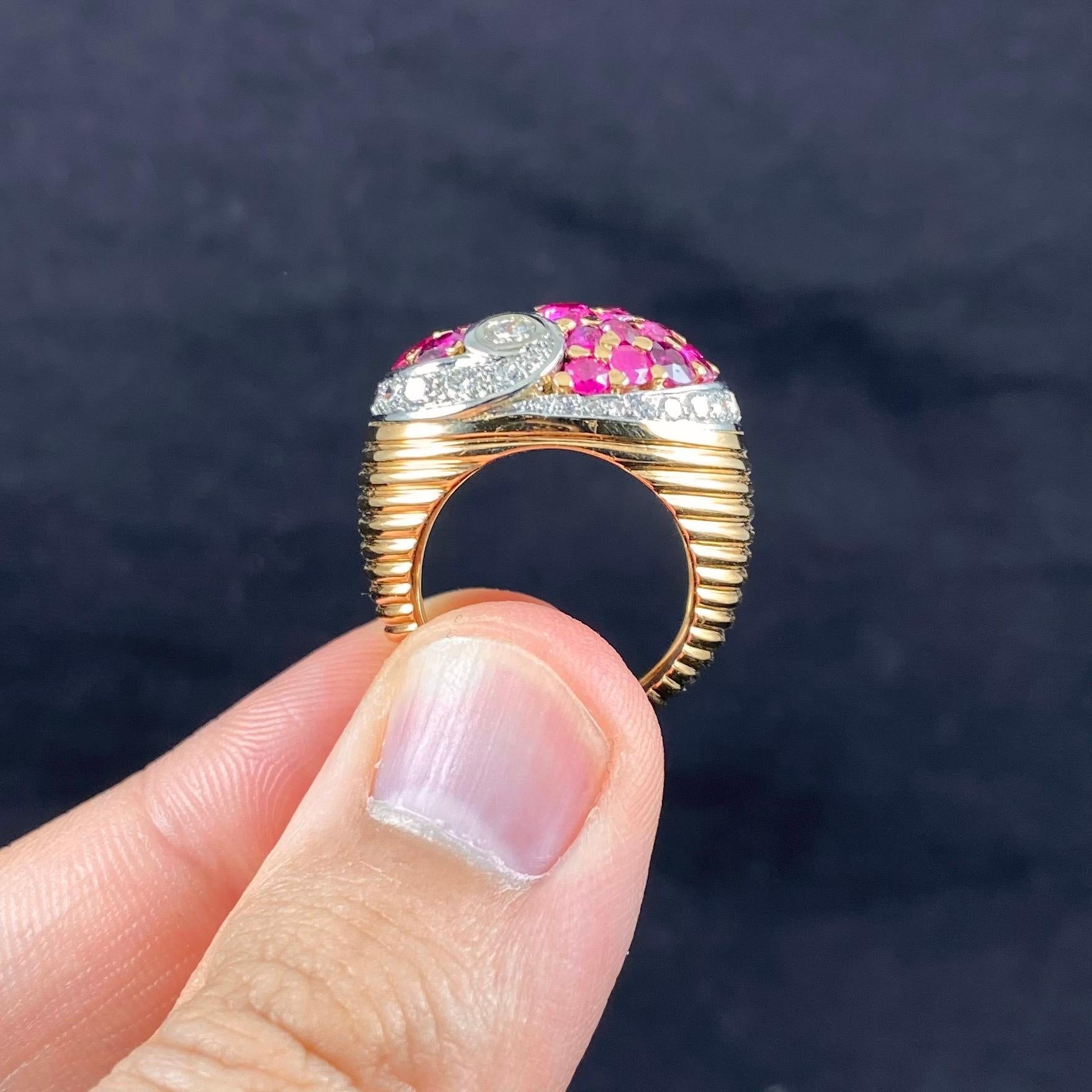 Art Deco Natural Ruby Diamond Bombe Cocktail Ring Rose Gold Platinum 1930s 1940s 3