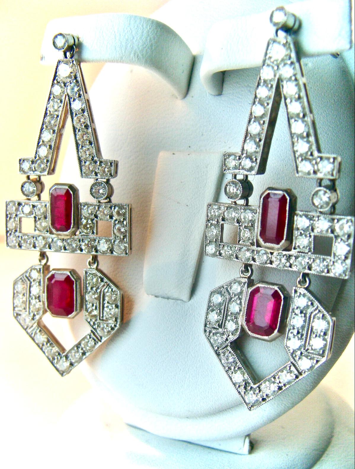 Art Deco Style Natural Ruby Diamond Platinum Dangle Drop Earrings For Sale 1