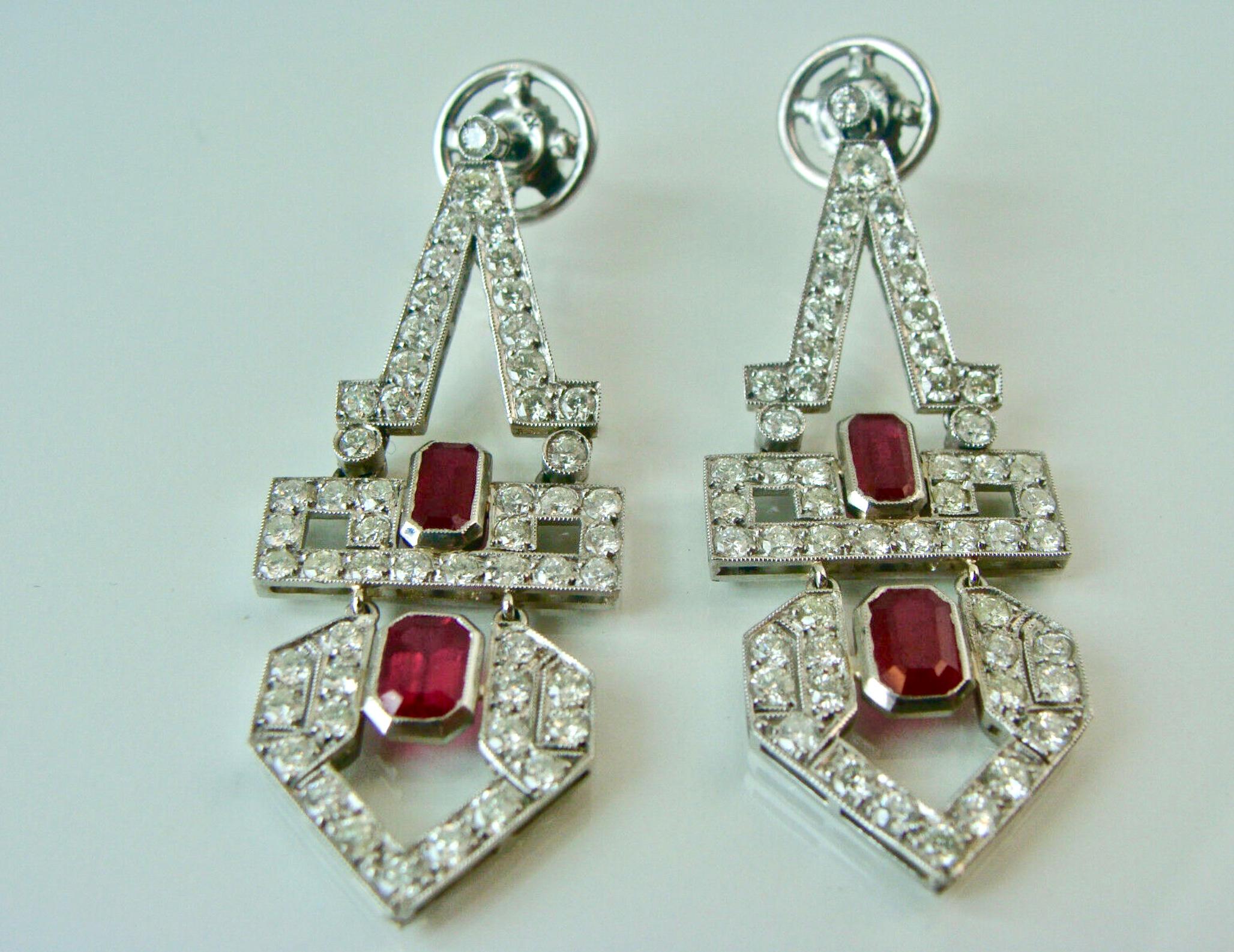 Art Deco Style Natural Ruby Diamond Platinum Dangle Drop Earrings For Sale 2