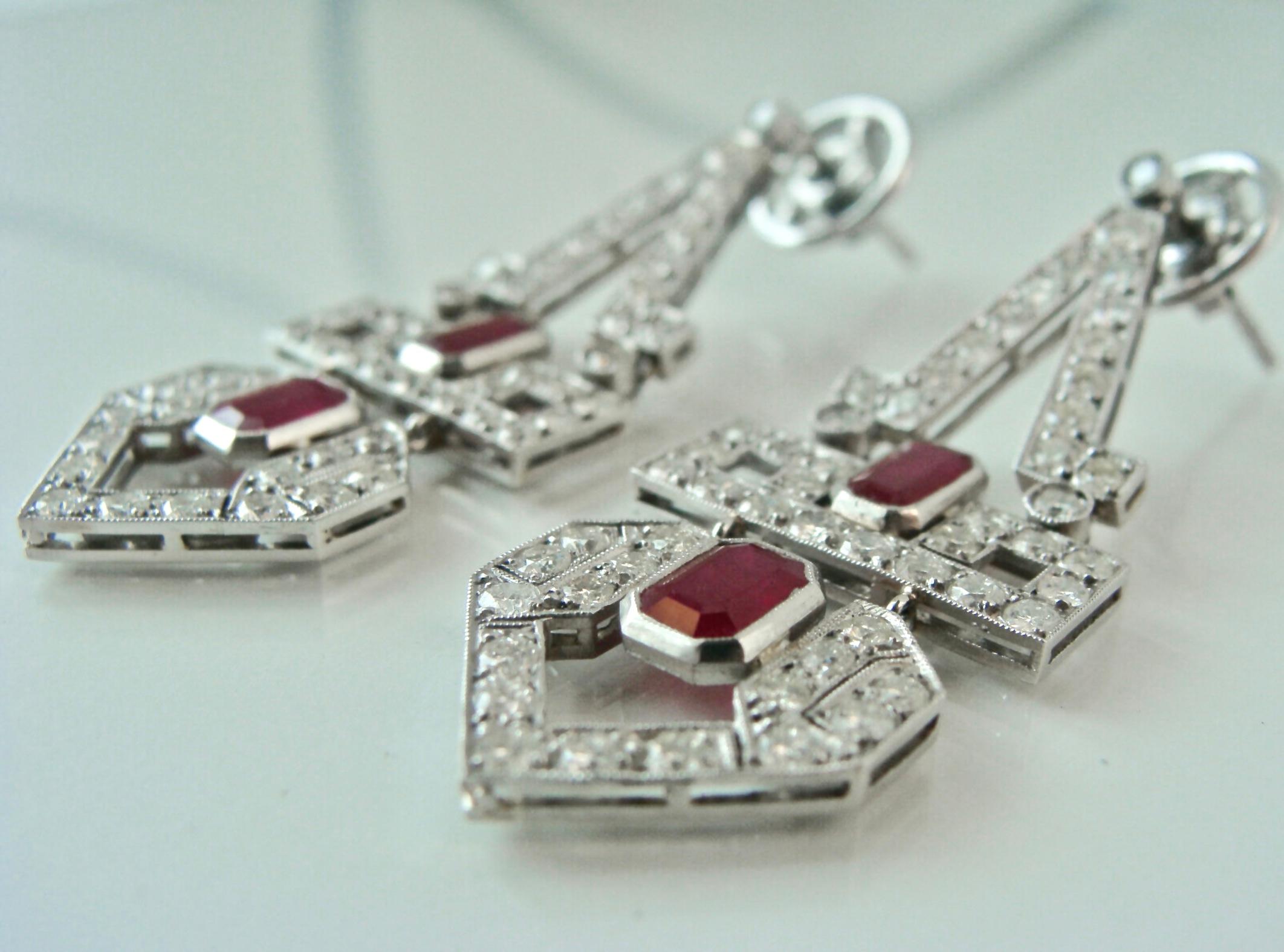 Women's Art Deco Style Natural Ruby Diamond Platinum Dangle Drop Earrings For Sale