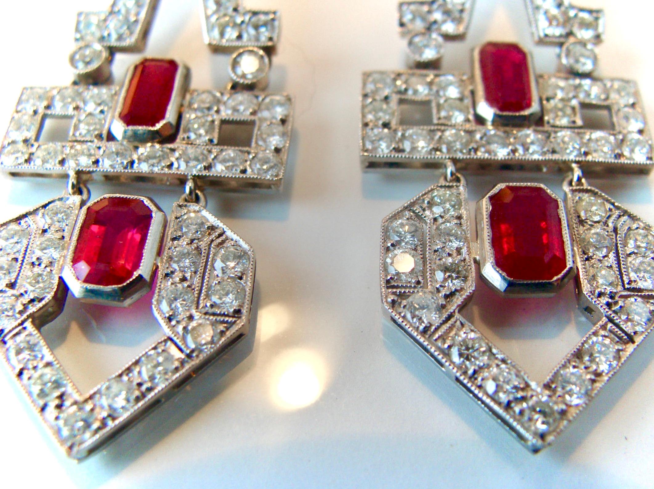 Art Deco Style Natural Ruby Diamond Platinum Dangle Drop Earrings For Sale 5