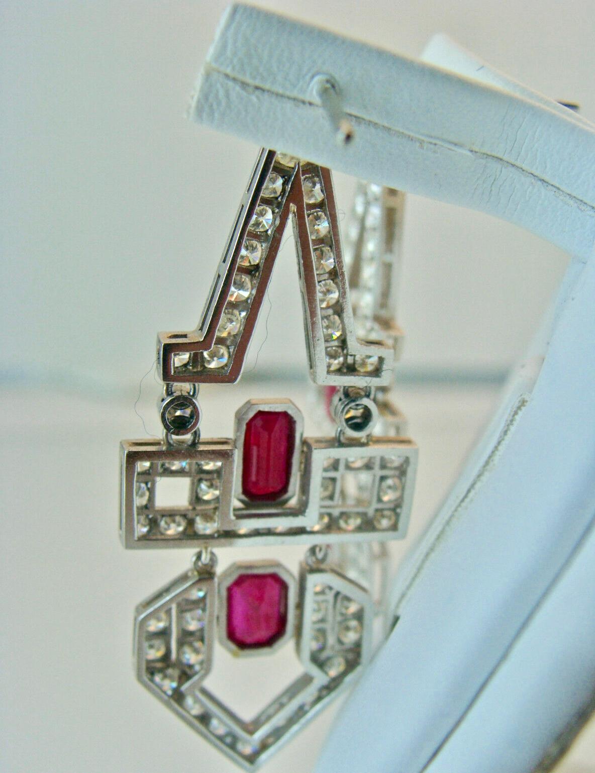 Art Deco Style Natural Ruby Diamond Platinum Dangle Drop Earrings For Sale 6