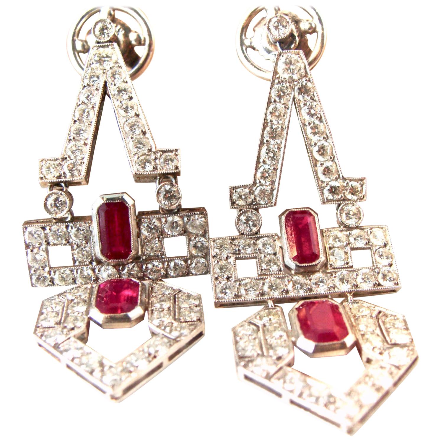 Art Deco Style Natural Ruby Diamond Platinum Dangle Drop Earrings For Sale