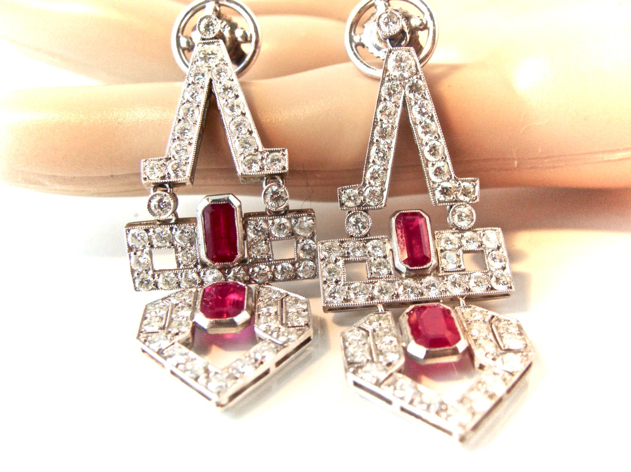 Art Deco Style Natural Ruby Diamond Platinum Dangle Drop Earrings For Sale 4