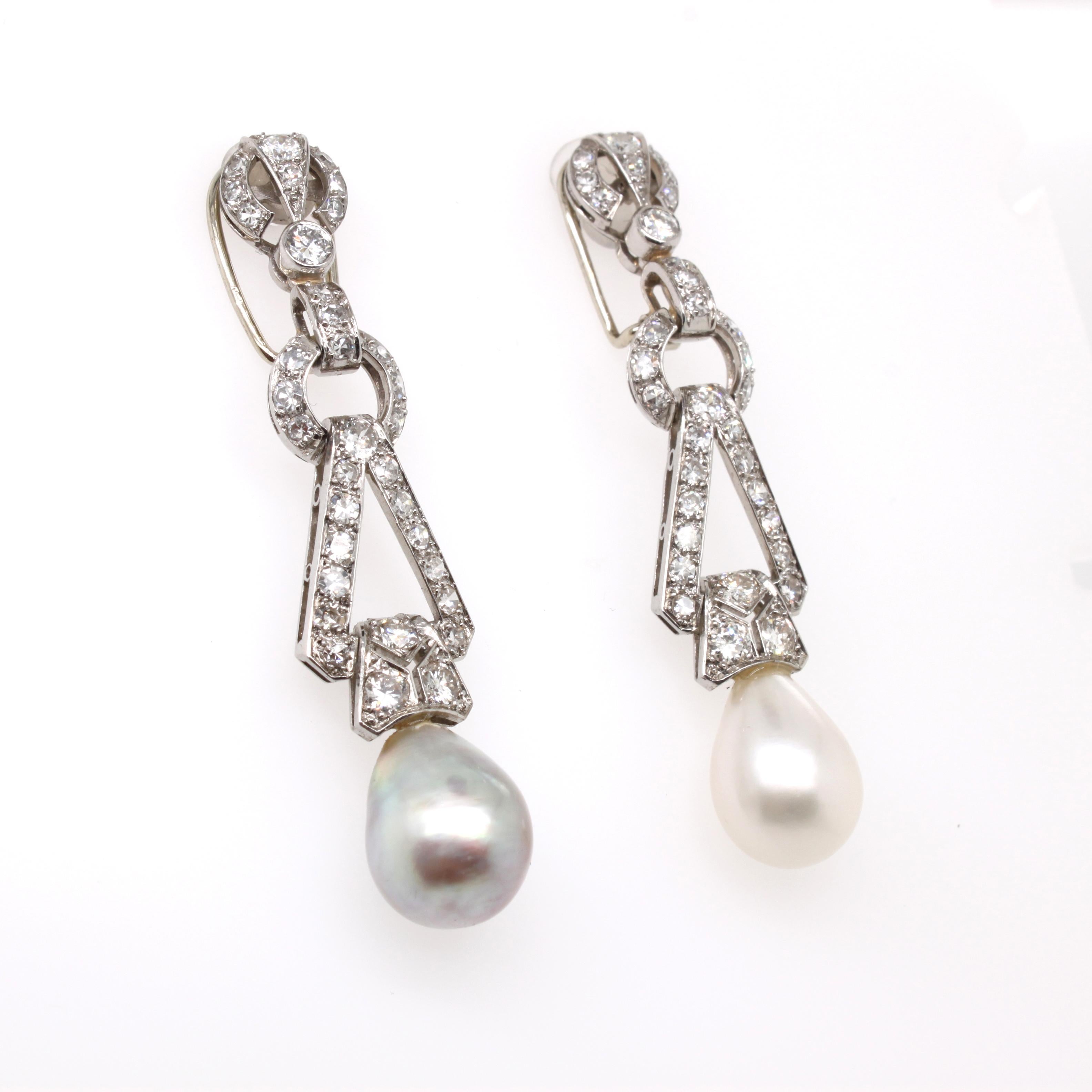 Pear Cut Art Deco Natural Saltwater Pearl and Diamond Earrings, ca. 1920s