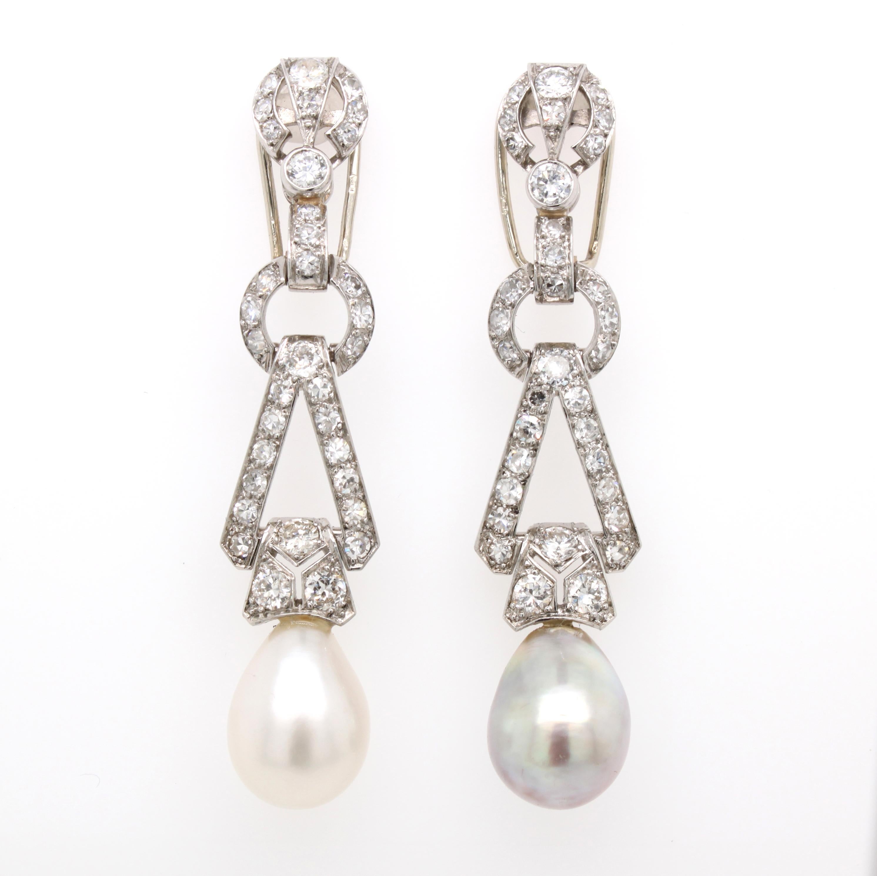 Women's Art Deco Natural Saltwater Pearl and Diamond Earrings, ca. 1920s