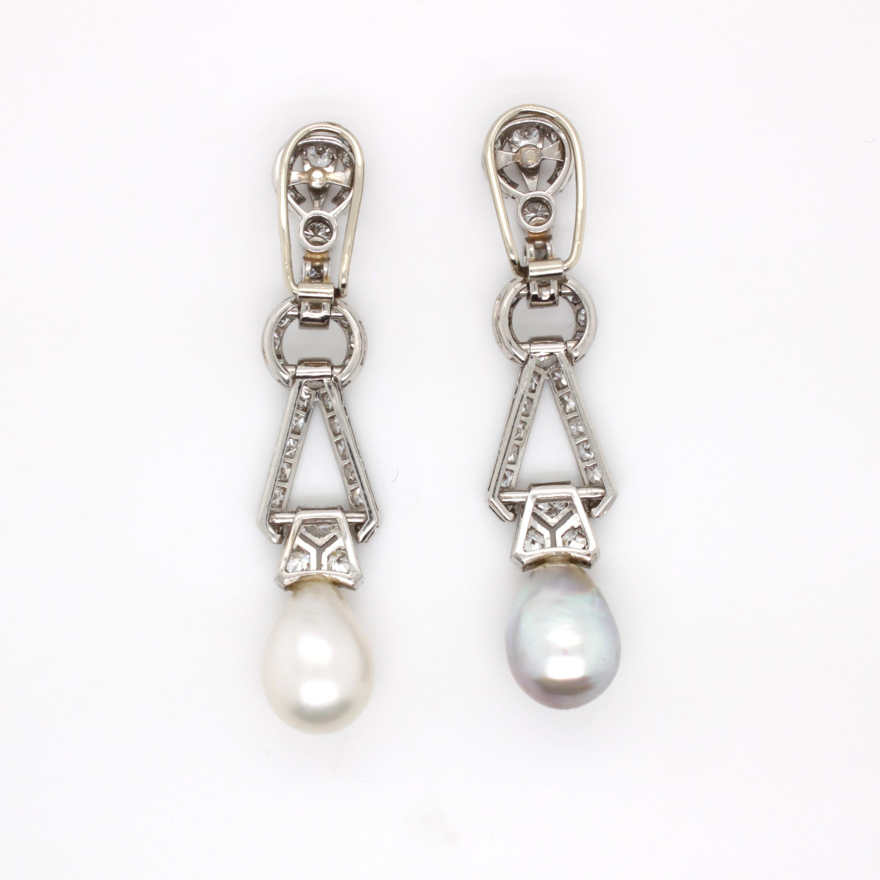 Art Deco Natural Saltwater Pearl and Diamond Earrings, ca. 1920s 1