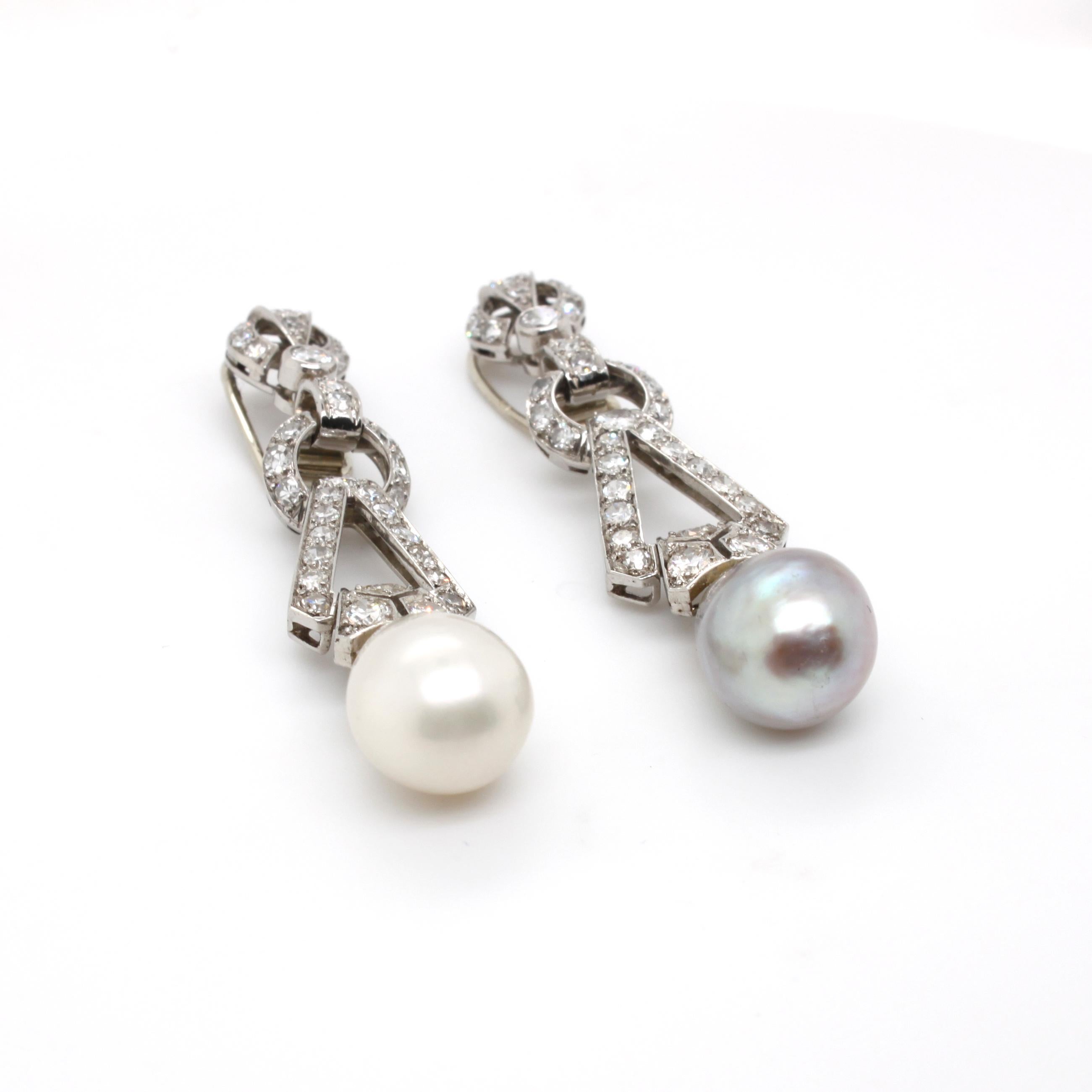 Art Deco Natural Saltwater Pearl and Diamond Earrings, ca. 1920s 2