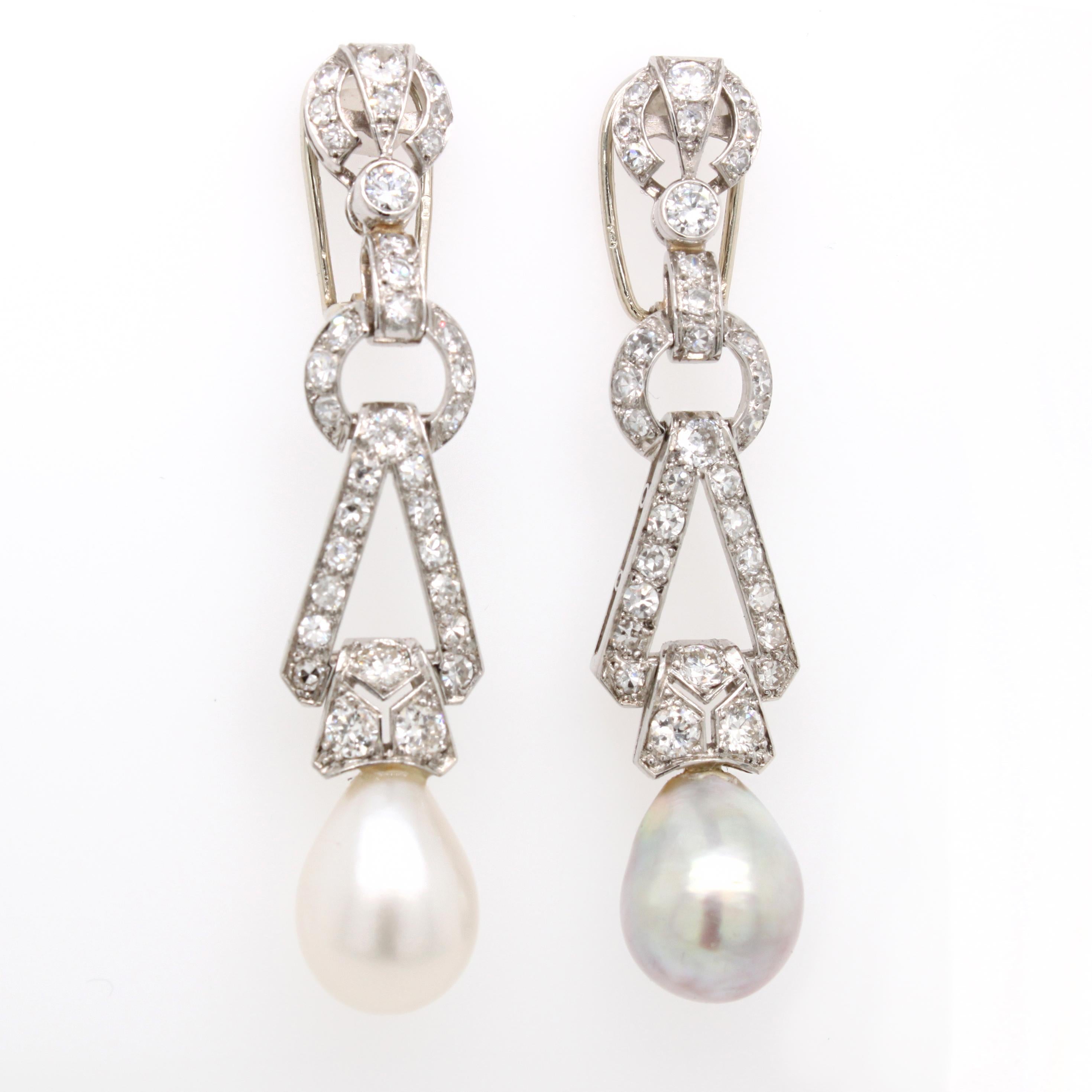 Art Deco Natural Saltwater Pearl and Diamond Earrings, ca. 1920s 3