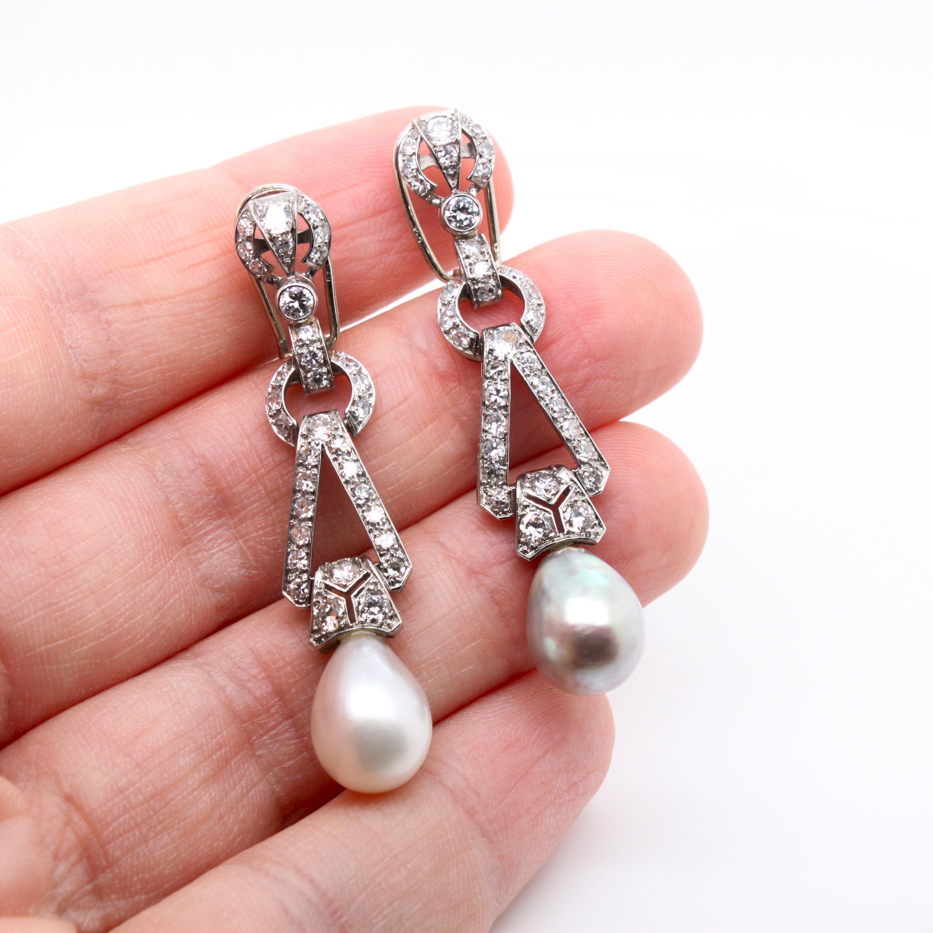 Art Deco Natural Saltwater Pearl and Diamond Earrings, ca. 1920s 4