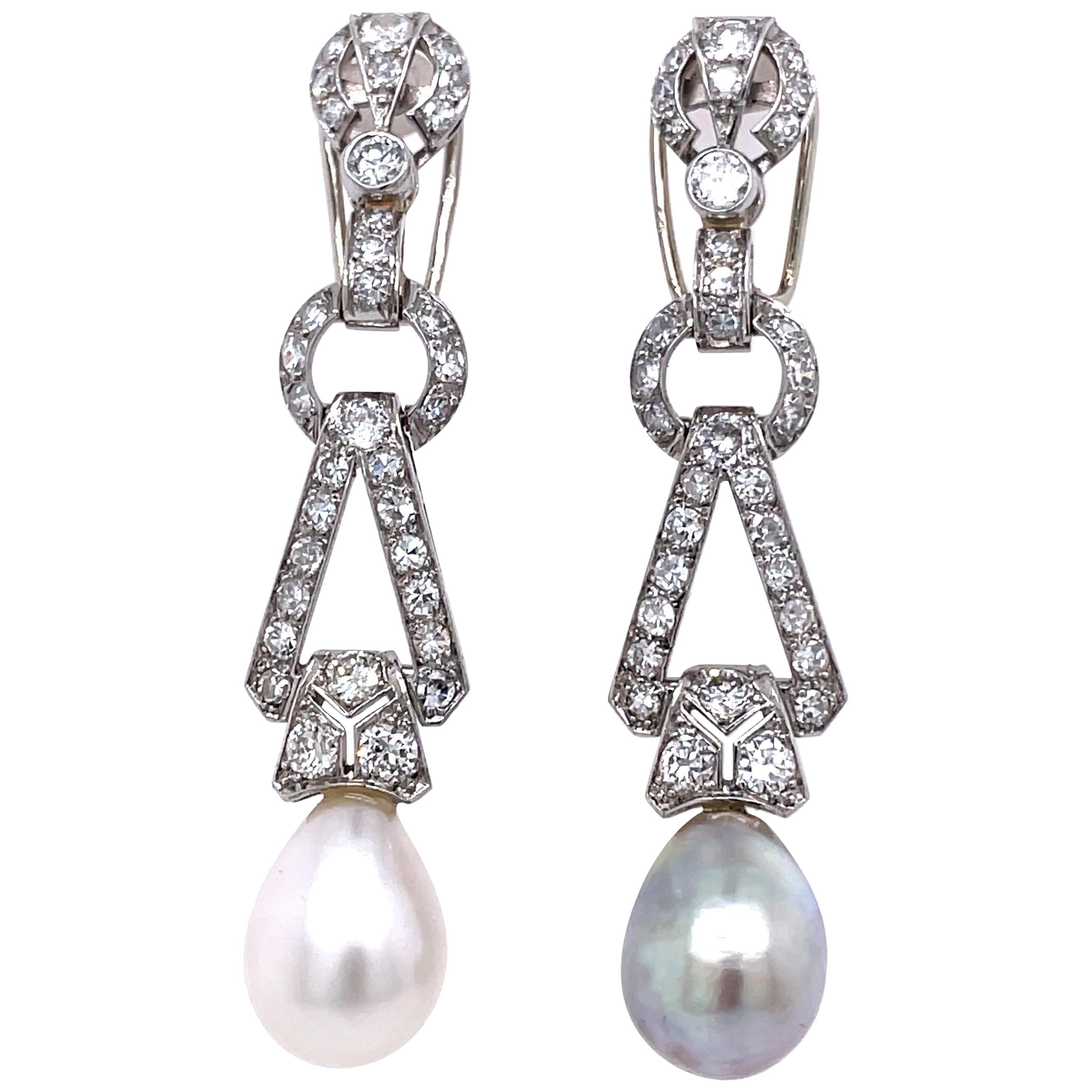 Art Deco Natural Saltwater Pearl and Diamond Earrings, ca. 1920s