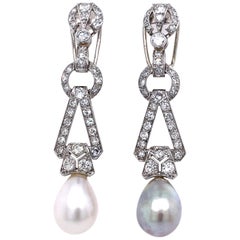 Antique Art Deco Natural Saltwater Pearl and Diamond Earrings, ca. 1920s