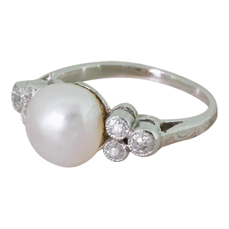 Art Deco Natural Saltwater Pearl and Old Cut Diamond Platinum Ring For Sale