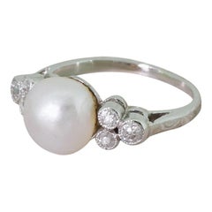 Retro Art Deco Natural Saltwater Pearl and Old Cut Diamond Platinum Ring