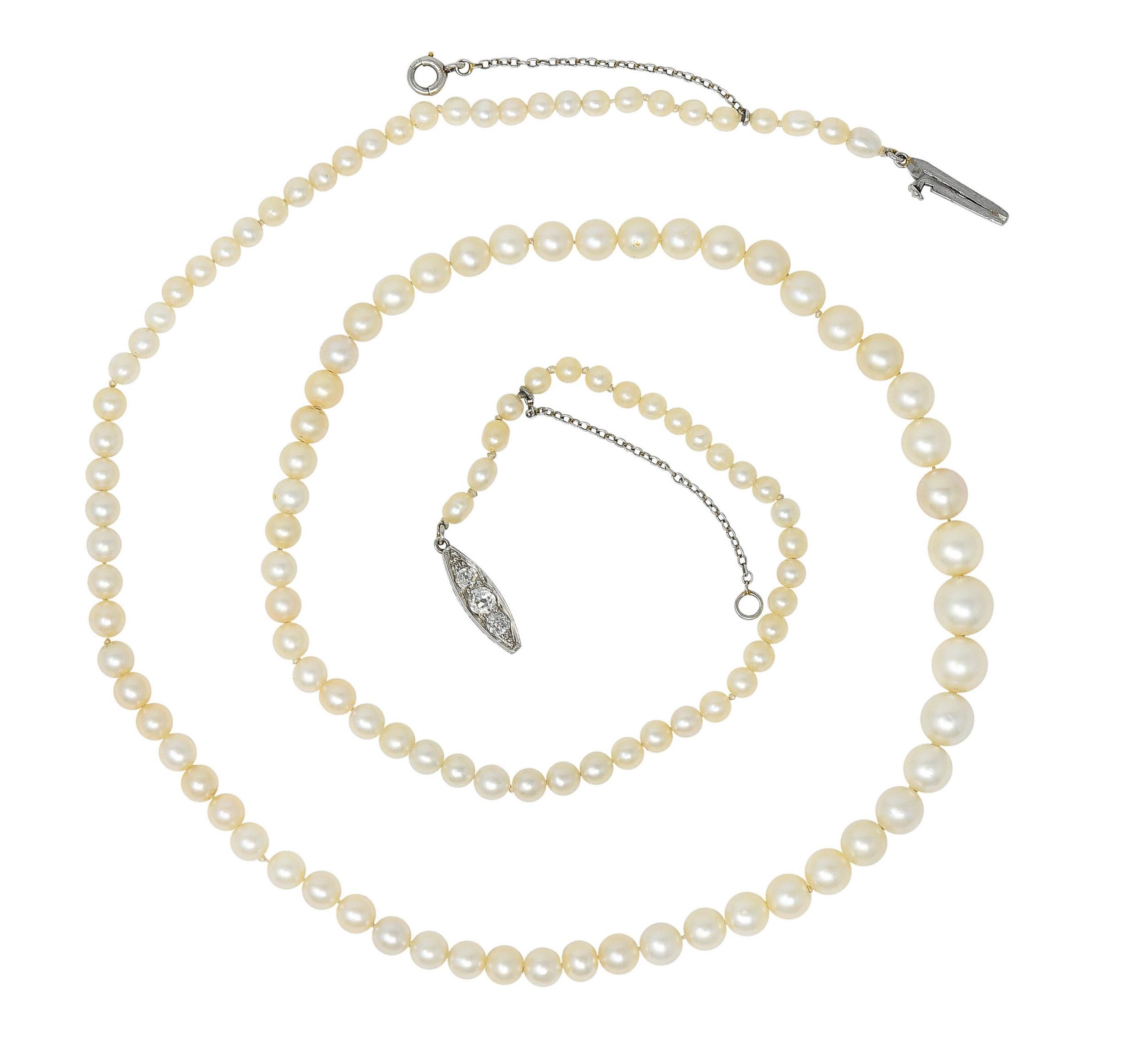 Strand necklace is comprised of natural freshwater pearls with some areas hand knotted

Pearls are round to oblong and graduate in size from 2.7 mm to 6.2 mm

Well matched cream body color with some exhibiting rosè overtones - all with very good to