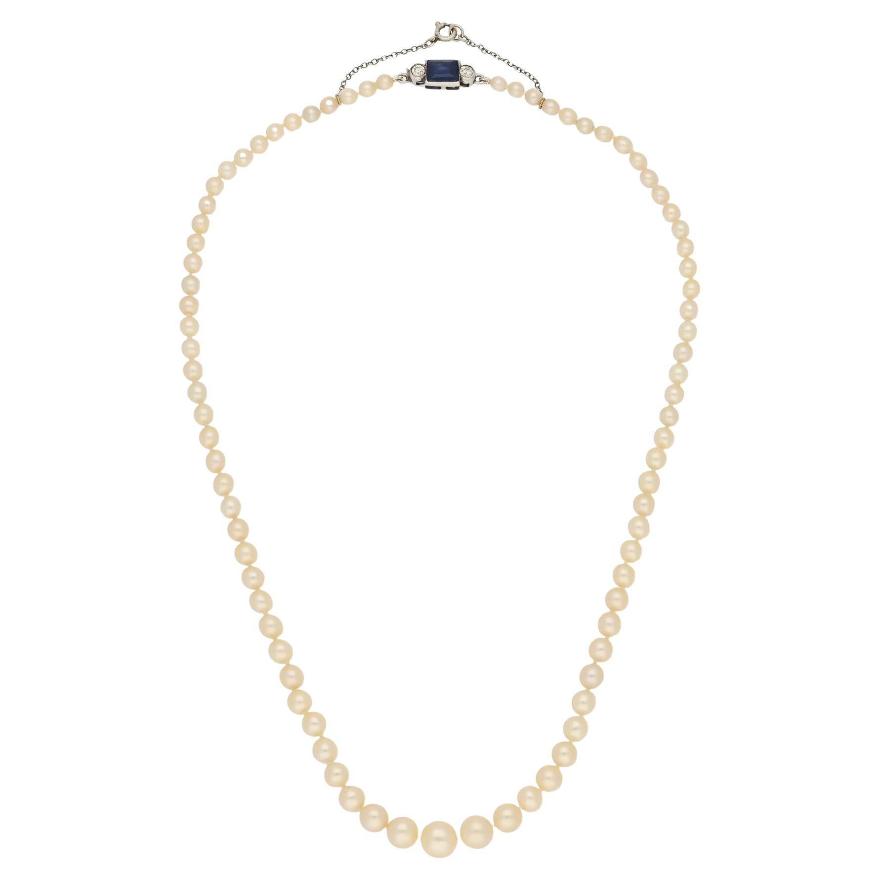 Art Deco Natural Saltwater Pearl Necklace with Sapphire Diamond Clasp Ca 1925