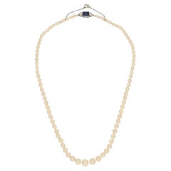 Art Deco Natural Saltwater Pearl Necklace with Sapphire Diamond Clasp Ca 1925