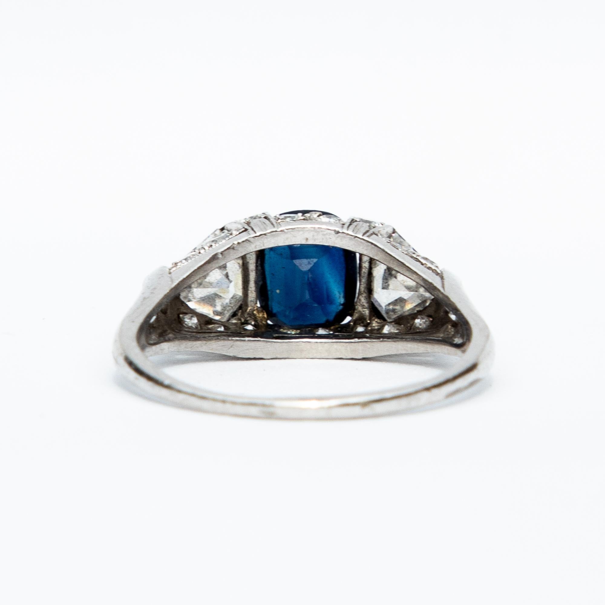 Women's Art Deco Natural Sapphire and Diamond Platinum Three-Stone Ring