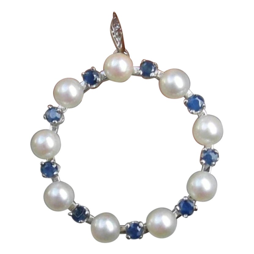 Art Deco Natural Sapphire Diamond Pearl Circle Pendant Necklace Antique 14K Gold
