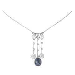 Antique Art Deco Natural Sapphire Diamond Platinum Drop Pendant Necklace