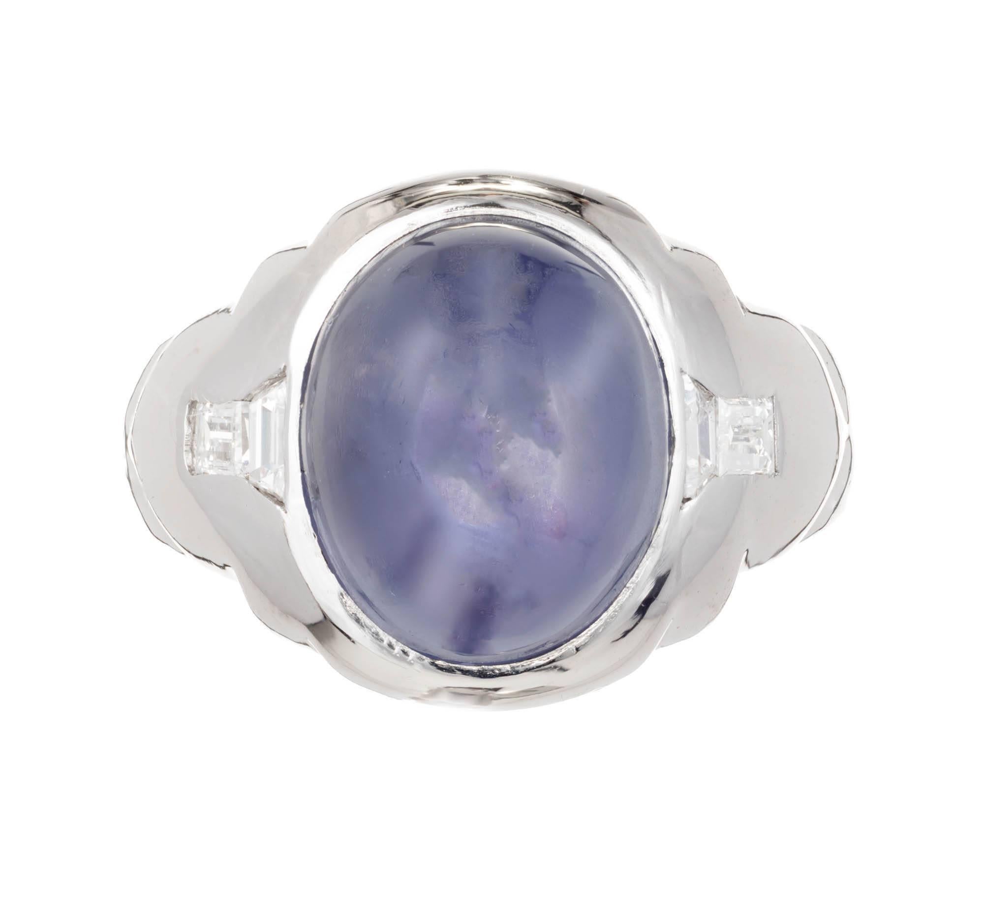 Art Deco 1920’s men’s violet blue star Sapphire diamond ring. Set in platinum with diamond accents. Excellent translucency and well-formed star. See GIA picture. Platinum ring. Translucent even from the side view. Although the star is difficult to