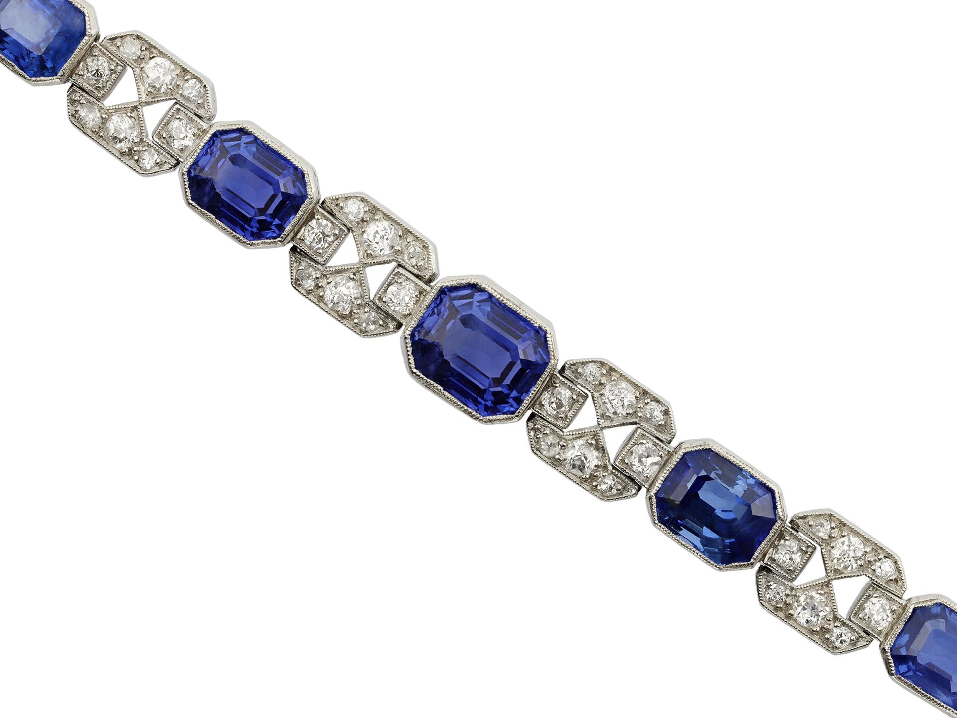 Art Deco sapphire and diamond bracelet. Set with five octagonal emerald-cut natural unenhanced Ceylon sapphires (two of which have been certified as colour change sapphires) in open back rubover settings with an approximate combined weight of 16.00
