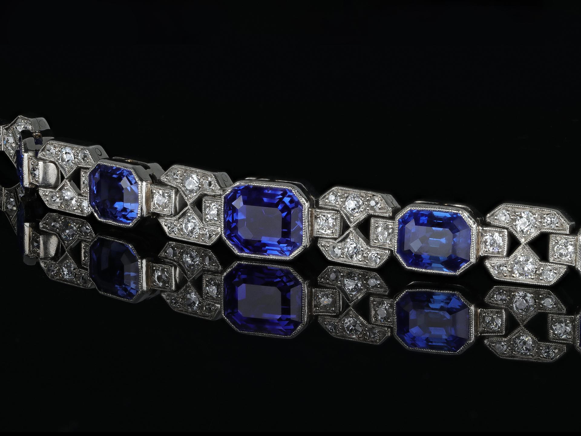Octagon Cut Art Deco Natural Unenhanced Sapphire Diamond Bracelet, circa 1935 For Sale