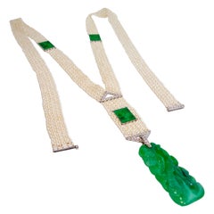 Art Deco Natural Untreated Fine Jade, Natural Pearl and Diamond Sautoir